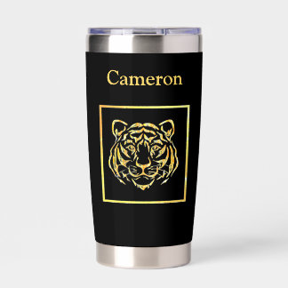 Gold Tiger Face on Black Insulated Tumbler