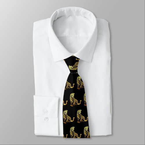Gold Tiger Papercut Chinese New Year Zodiac Black Neck Tie