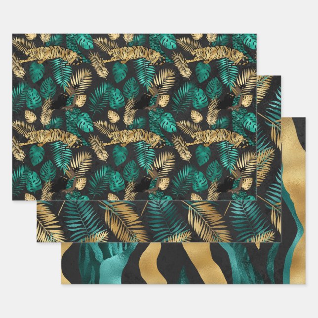 Gold Tiger Print with Tropical Leaves Pattern Wrapping Paper Sheets (Set)