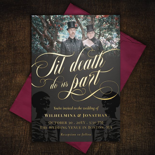 Gold Til Death Do Us Part Photo Goth Wedding Foil Invitation (Creator Uploaded)