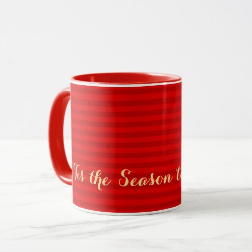 Gold Tis Season to be Jolly Christmas Red Stripes Mug