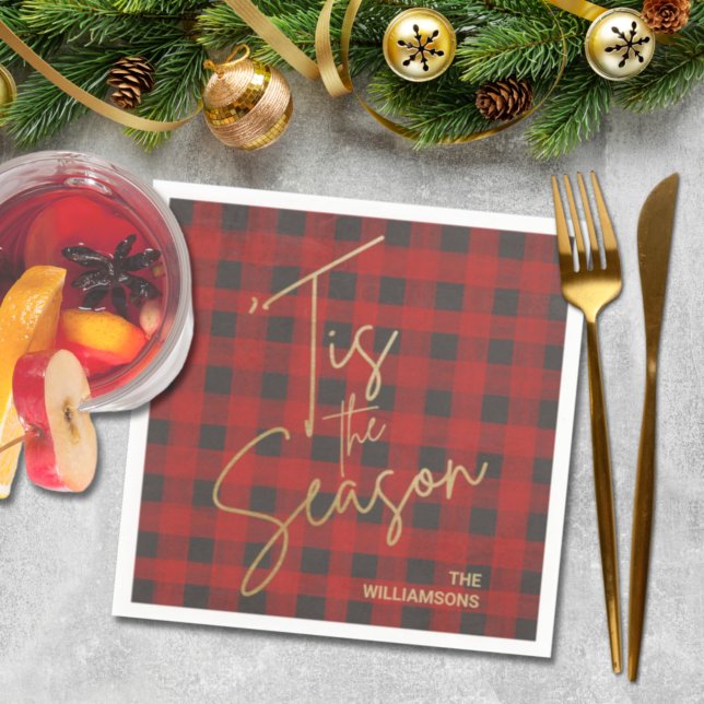Gold Tis the Season Red Buffalo Christmas Plaid Napkins (Creator Uploaded)