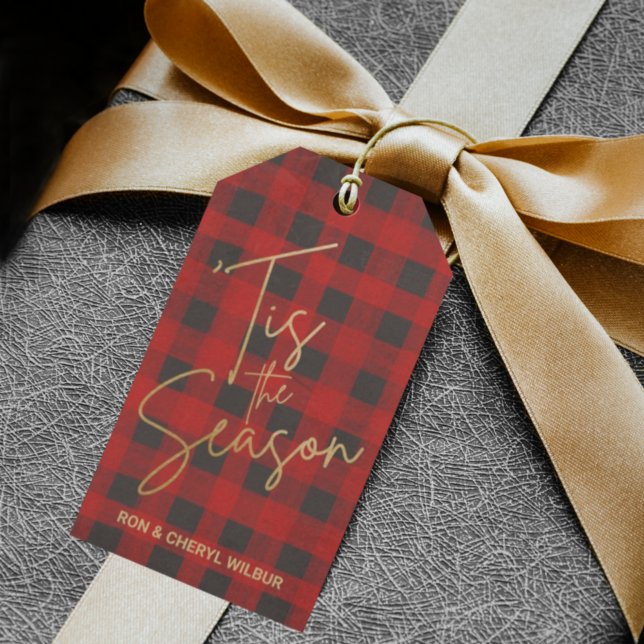 Gold Tis the Season Red Buffalo Plaid Gift Tags (Creator Uploaded)