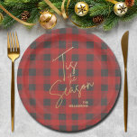 Gold Tis the Season Red Buffalo Plaid Paper Plates<br><div class="desc">'Tis the Season text in a faux gold foil script and your names in chic lettering is featured on these red and gray buffalo plaid pattern plates,  perfect for any holiday occasion. MATCHING items in our store.</div>