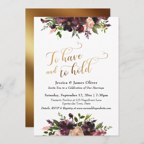 Gold To Have and To Hold Dark Red Burgundy Floral Invitation