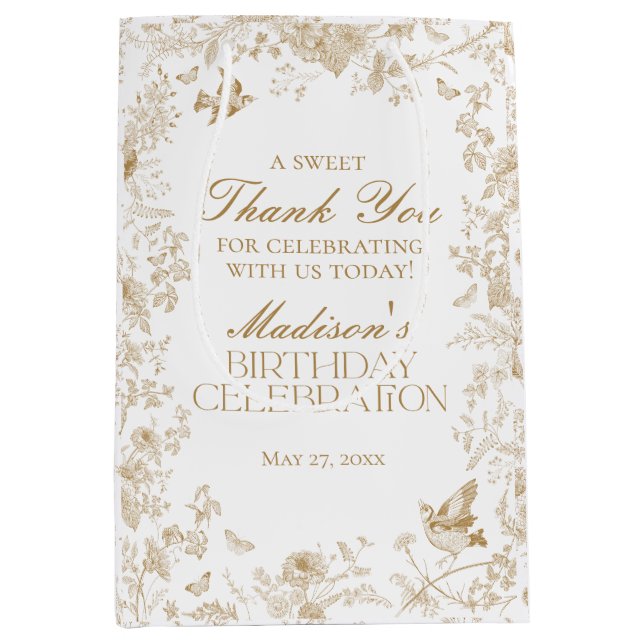 Gold Toile De Jouy Floral Birthday Party Favors Medium Gift Bag (Front)