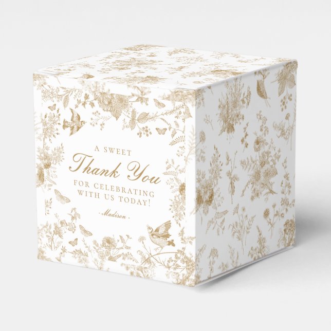 Gold Toile De Jouy Floral Dessert Favor Boxes (Front Side)