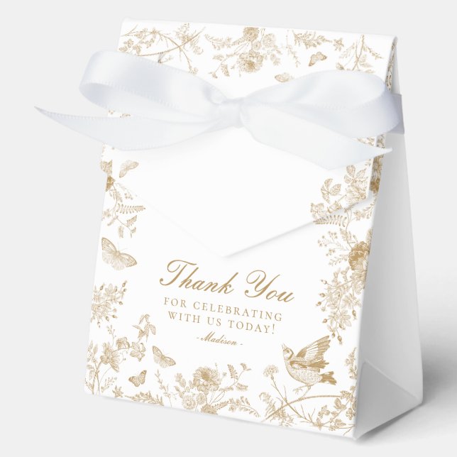 Gold Toile De Jouy Floral Dessert Favor Boxes (Front)