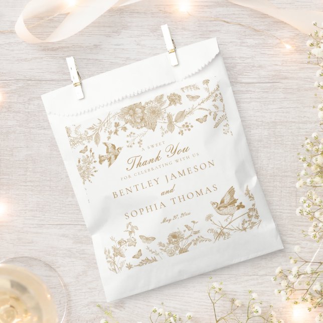 Gold Toile De Jouy Floral Wedding Dessert Favor Bag (Clipped)