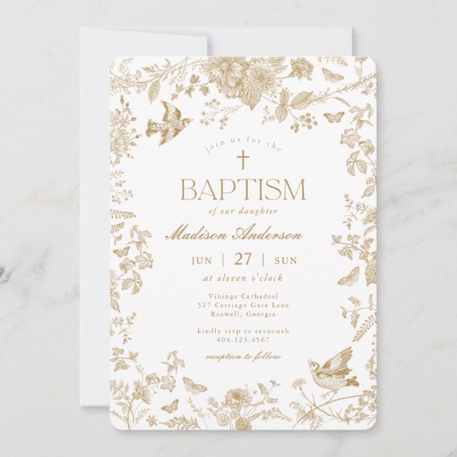 Gold Toile De Jouy French Floral Baptism Invitation (Front)