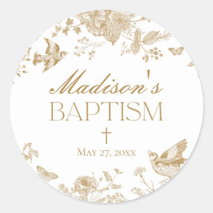 Gold Toile De Jouy Vintage Floral Baptism Favor Classic Round Sticker