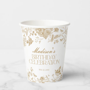 Gold Toile De Jouy Vintage Floral Birthday Party Paper Cups