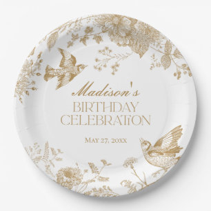 Gold Toile De Jouy Vintage Floral Birthday Party Paper Plates