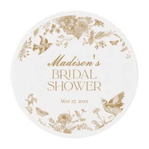 Gold Toile De Jouy Vintage Floral Bridal Shower Edible Frosting Rounds