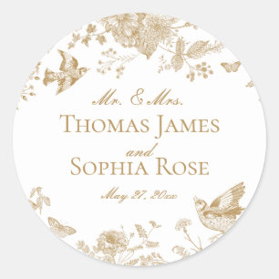 Gold Toile De Jouy Vintage Floral Wedding Favor Classic Round Sticker