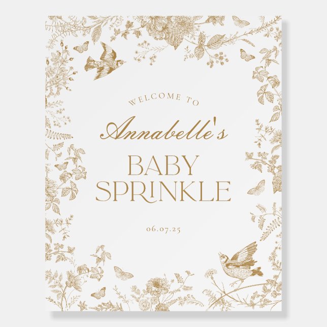 Gold Toile Jouy Floral Baby Sprinkle Welcome Sign (Front)