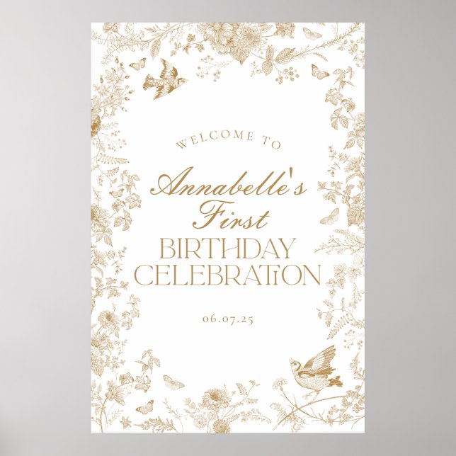 Gold Toile Jouy Floral Birthday Party Welcome Sign (Front)