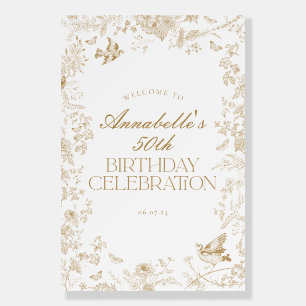 Gold Toile Jouy Floral Birthday Party Welcome Sign
