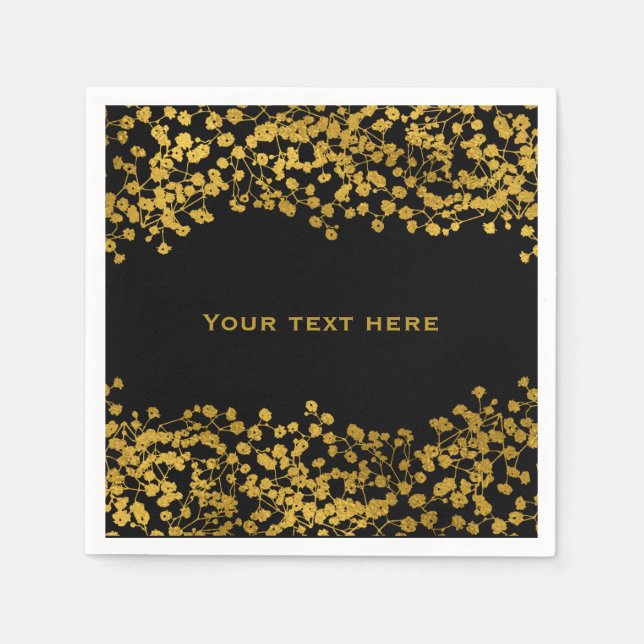 Gold Tone Baby's Breath Black Elegant Floral Napkins (Front)