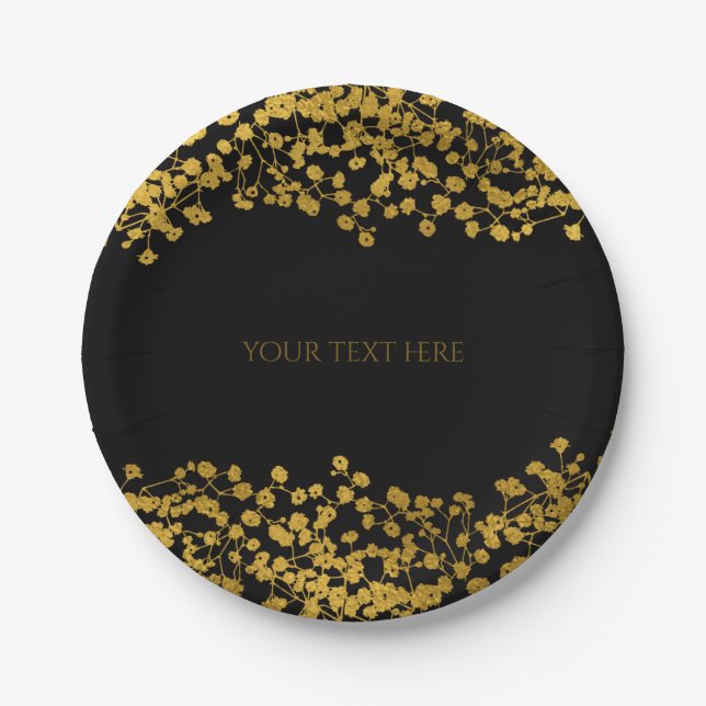 Gold Tone Baby's Breath Black Elegant Floral Paper Plates (Front)