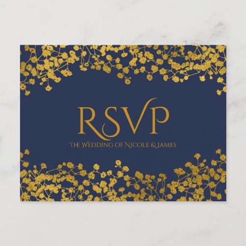 Gold Tone Babys Breath Blue Elegant Floral RSVP Invitation Postcard