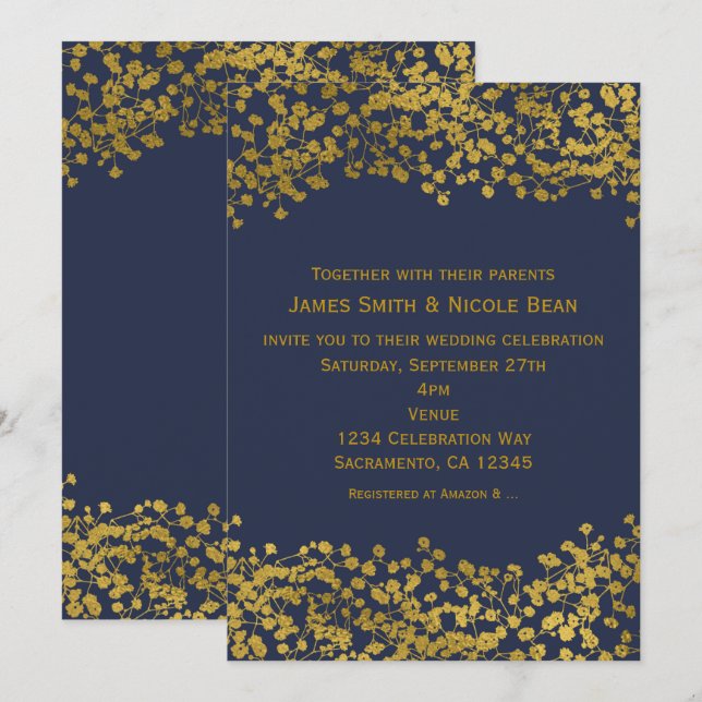 Gold Tone Baby's Breath Blue Elegant Invitations (Front/Back)