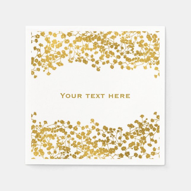 Gold Tone Baby's Breath White Elegant Floral Paper Napkins (Front)