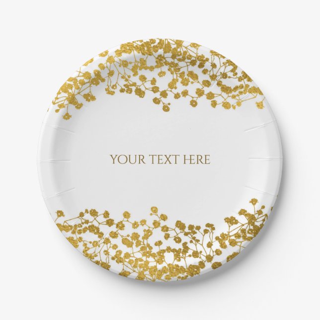Gold Tone Baby's Breath White Elegant Floral Paper Plates (Front)