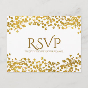 Gold Tone Baby's Breath White Elegant Floral RSVP Invitation Postcard