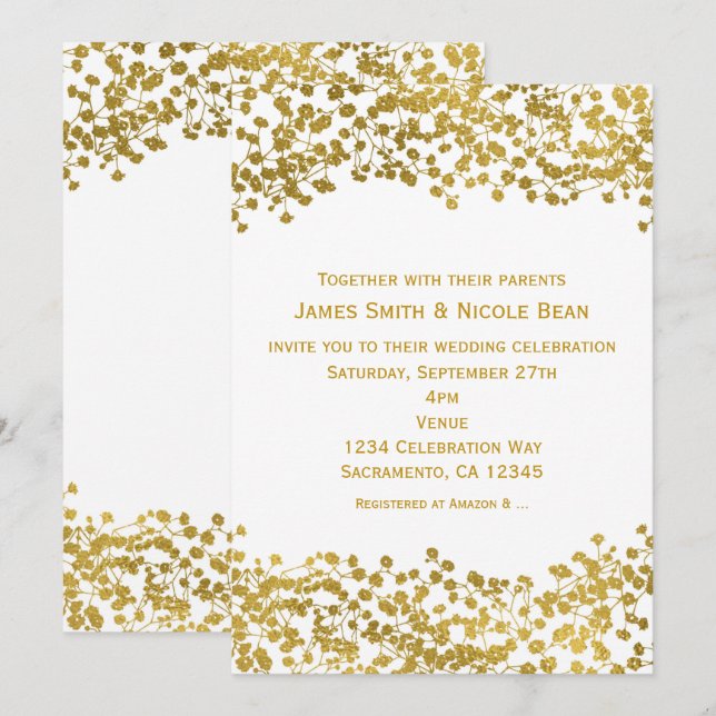 Gold Tone Baby's Breath White Elegant Invitations (Front/Back)