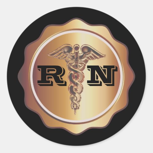 Gold Tone Caduceus RN Nurse  Medical Classic Round Sticker