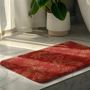 Gold Tone Chinese Dragon and Red Bath Mat