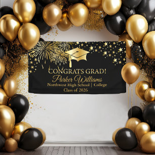Gold Tone Fireworks   Stars Congrats Grad Black Banner