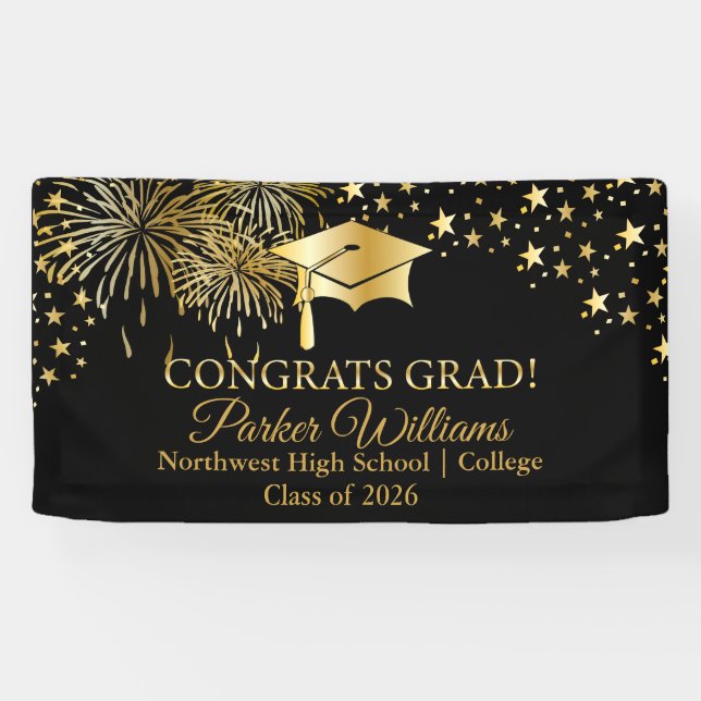 Gold Tone Fireworks | Stars Congrats Grad Black Banner (Horizontal)