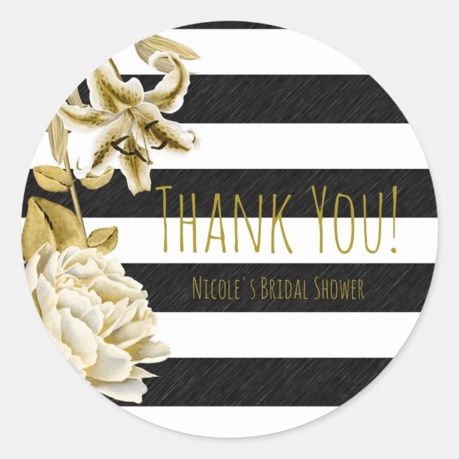 Gold Tone Floral Black & White Striped Favor Classic Round Sticker (Front)