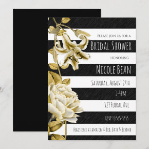 Gold Tone Floral Black & White Striped Invitation