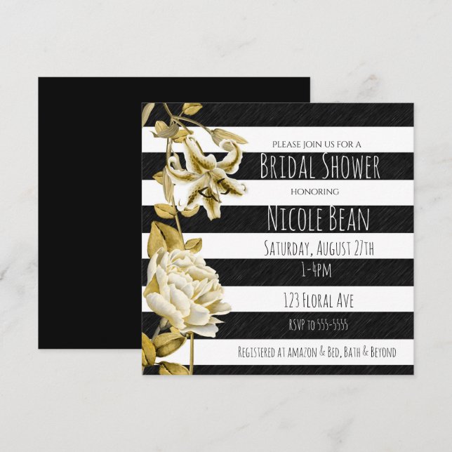 Gold Tone Floral Black & White Striped Invitation (Front/Back)