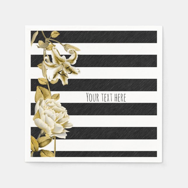Gold Tone Floral Black & White Striped Paper Napkins (Front)