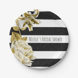 Gold Tone Floral Black & White Striped Paper Plates