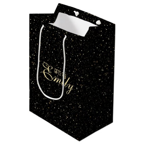 Gold tone glitter and sparkles on black medium gift bag