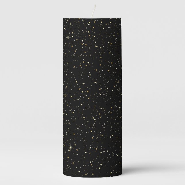 Gold tone glitter and sparkles on black pillar candle (Front)