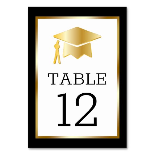 Gold Tone Grad Cap on Black Classy Graduation Table Number