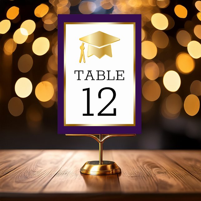 Gold Tone Grad Cap on Dk Purple Classy Graduation Table Number (Gold Tone Grad Cap Graduation Table Number Cards with Black Text - Purple Printed Frame)
