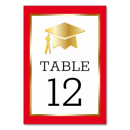 Gold Tone Grad Cap on Red Classy Graduation Table  Table Number