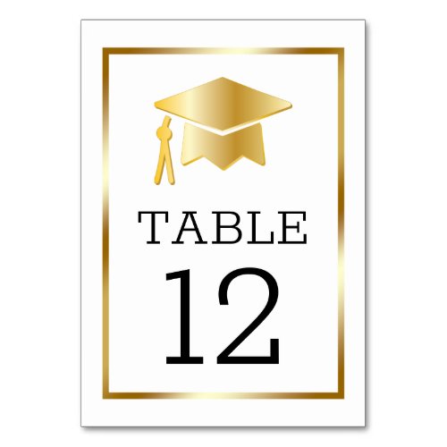 Gold Tone Grad Cap on White Classy Graduation Tabl Table Number