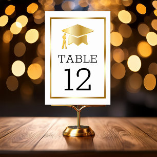 Gold Tone Grad Cap on White Classy Graduation Tabl Table Number