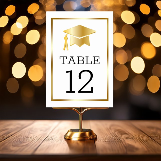 Gold Tone Grad Cap on White Classy Graduation Tabl Table Number (Gold Tone Grad Cap Graduation Table Number Cards with Black Text on White Background)