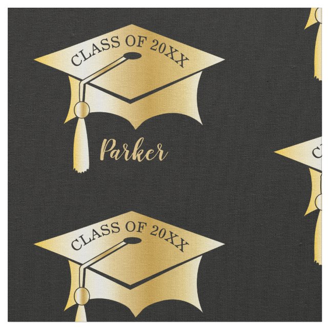 Gold Tone Grad Graduation Cap Name | Class Year Fabric (Close Up)