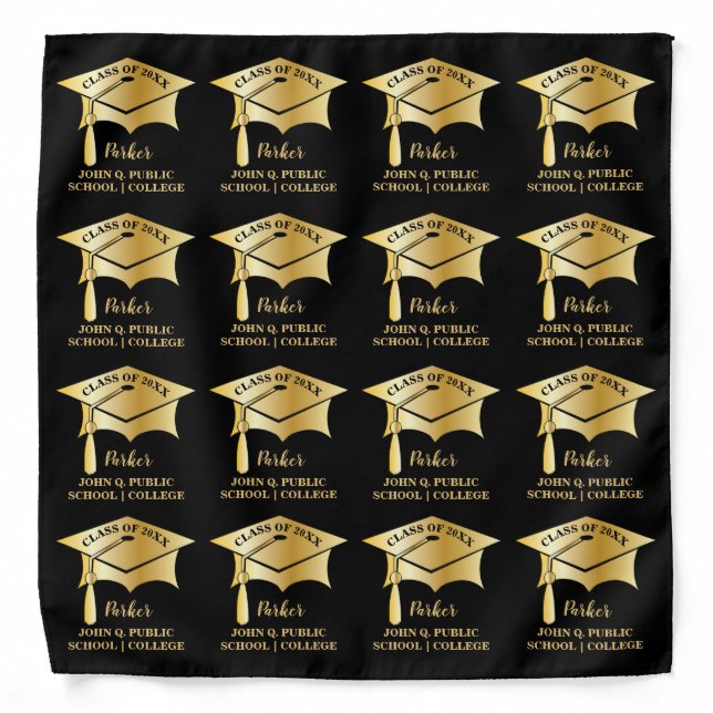 Gold Tone Grad Graduation Cap Name School Class Bandana (Front)