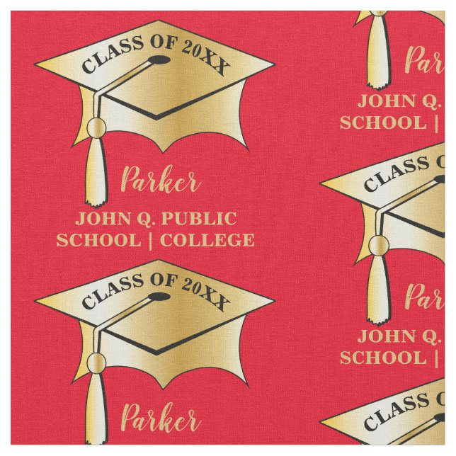 Gold Tone Graduation Cap Name Class Year School Fabric (Close Up)